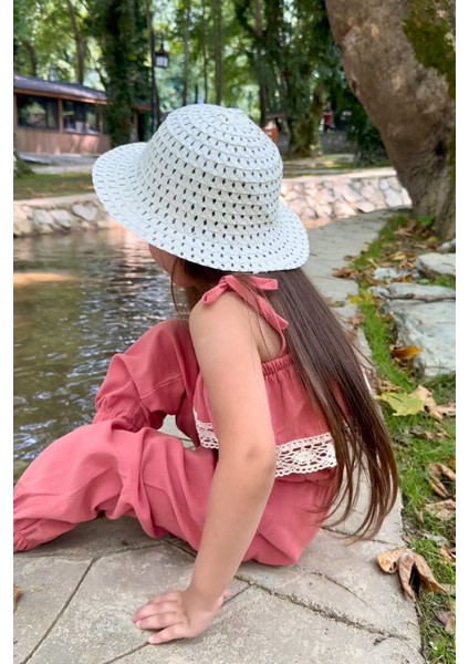 Kız Çocuk Pera Somon Şile Bezi Askılı Dantel Detaylı Tulum Toka Takım