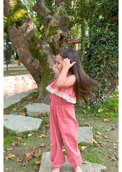 Kız Çocuk Pera Somon Şile Bezi Askılı Dantel Detaylı Tulum Toka Takım fiyatları