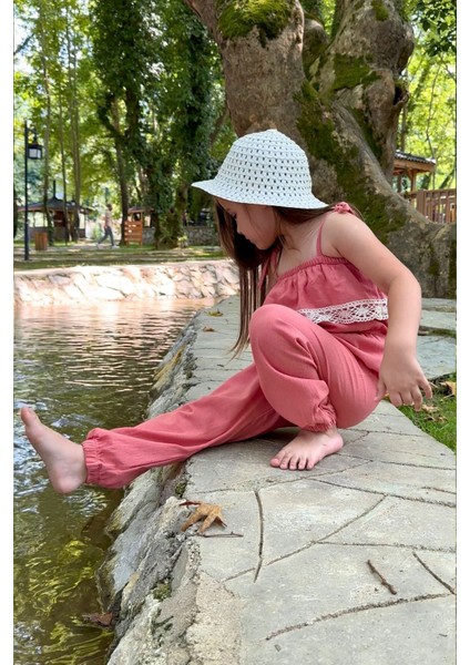 Kız Çocuk Pera Somon Şile Bezi Askılı Dantel Detaylı Tulum Toka Takım fırsatları