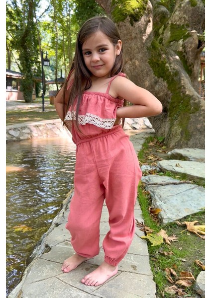 Kız Çocuk Pera Somon Şile Bezi Askılı Dantel Detaylı Tulum Toka Takım indirimleri