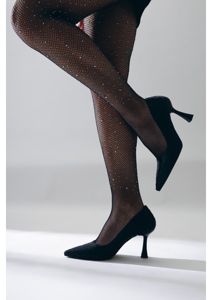 Celestine Siyah Balık Pulu Dokulu Sivri Burunlu Stiletto modelleri