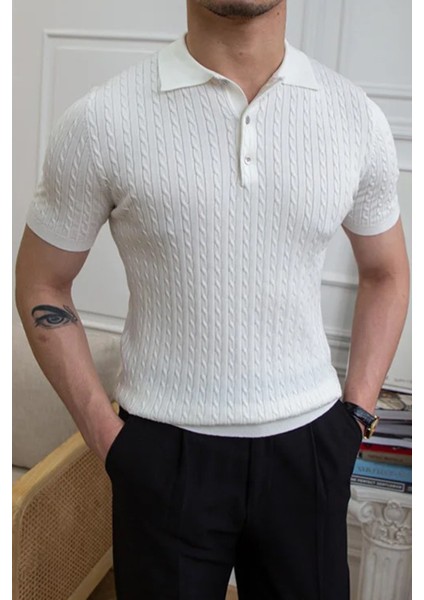 Erkek Polo Yaka Pamuk Saç Örgülü Slim Fit Kısa Kollu Ince Triko Tişört