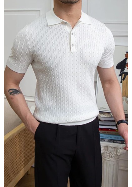 Erkek Polo Yaka Pamuk Saç Örgülü Slim Fit Kısa Kollu Ince Triko Tişört fiyatları