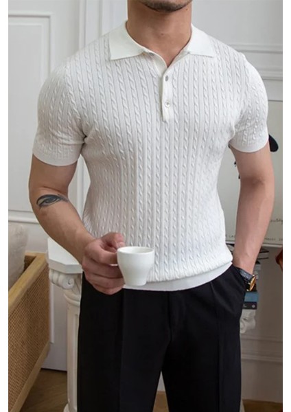 Erkek Polo Yaka Pamuk Saç Örgülü Slim Fit Kısa Kollu Ince Triko Tişört fırsatları