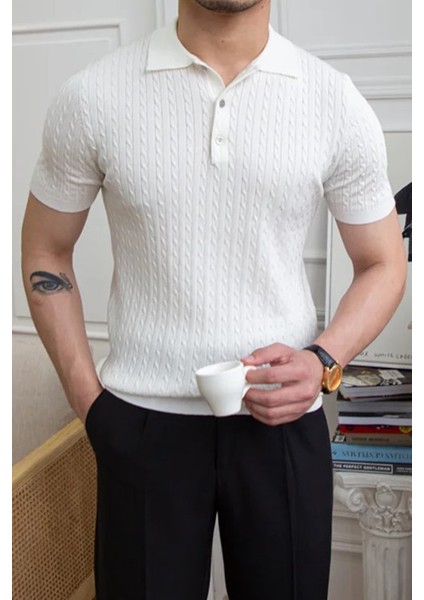Erkek Polo Yaka Pamuk Saç Örgülü Slim Fit Kısa Kollu Ince Triko Tişört indirimleri