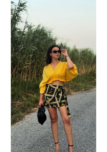 Keten Limon Desenli Bağlamalı Etek fiyatları