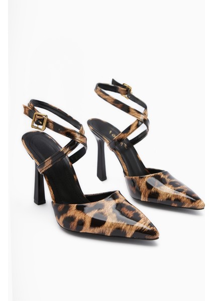 Elsi Leopar Desenli Bilekten Bağlamalı Kadın Topuklu Ayakkabı