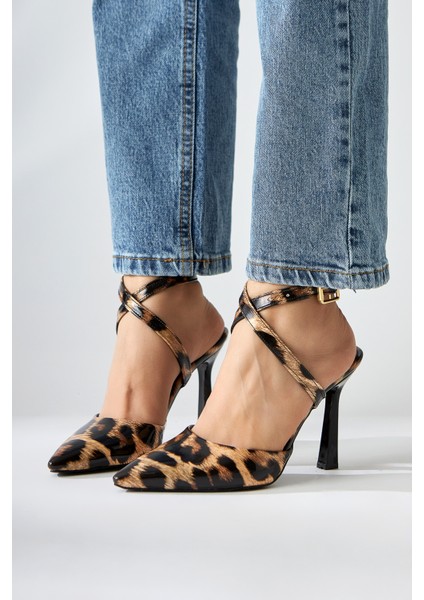 Elsi Leopar Desenli Bilekten Bağlamalı Kadın Topuklu Ayakkabı modelleri