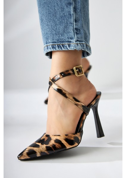 Elsi Leopar Desenli Bilekten Bağlamalı Kadın Topuklu Ayakkabı fırsatları