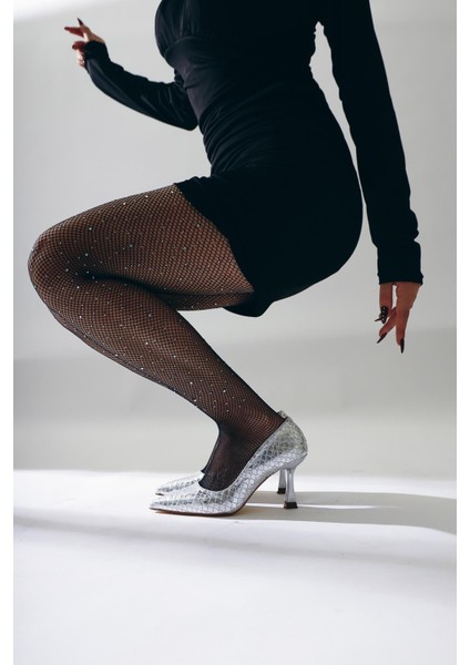 Celestine Gümüş Balık Pulu Dokulu Sivri Burunlu Stiletto modelleri