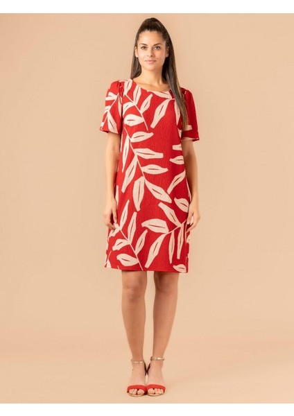 Lupinn Moda Kadın Bisiklet Yaka Kısa Kollu Yaprak Desenli Rahat Kesim Yazlık Mini Elbise modelleri