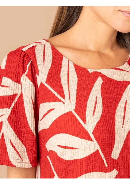 Lupinn Moda Kadın Bisiklet Yaka Kısa Kollu Yaprak Desenli Rahat Kesim Yazlık Mini Elbise fırsatları