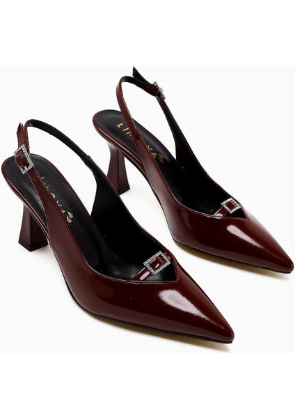 Chiara Bordo Rugan Sivri Burunlu Taşlı Toka Detaylı Kadın Topuklu Ayakkabı