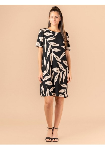 Lupinn Moda Kadın Bisiklet Yaka Kısa Kollu Yaprak Desenli Rahat Kesim Yazlık Mini Elbise