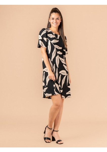 Lupinn Moda Kadın Bisiklet Yaka Kısa Kollu Yaprak Desenli Rahat Kesim Yazlık Mini Elbise fiyatları