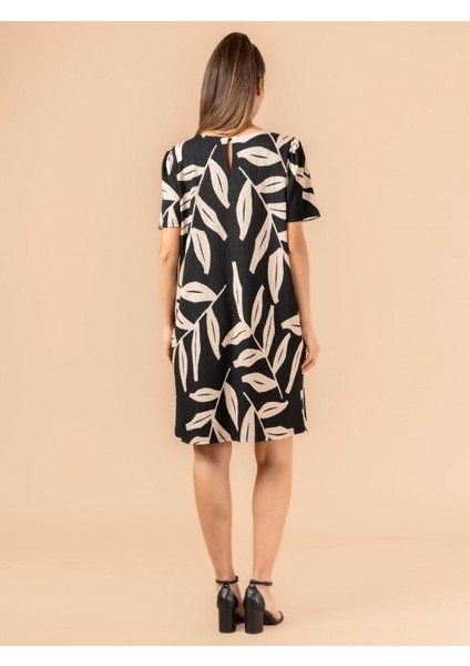 Lupinn Moda Kadın Bisiklet Yaka Kısa Kollu Yaprak Desenli Rahat Kesim Yazlık Mini Elbise fırsatları