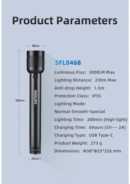 SFL8468 Içinde 3000 Mah ile 6000 Lümen Parlak El Feneri Şarj Edilebilir Pil IP55 Su Geçirmez Kamp Işık