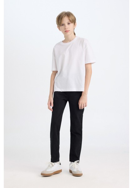 Erkek Çocuk Okul Slim Fit Dar Kesim Düz Paça Cepli Siyah Basic Düz Jean Pantolon