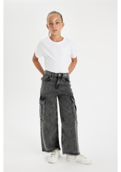 Kız Çocuk Wide Leg Kargo Cepli Geniş Bol Paça Jean Pantolon C8541A824AU modelleri