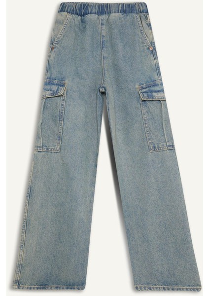 Kız Çocuk Kargo Cepli Wide Leg Geniş Bol Paça Jean Pantolon D4690A824WN