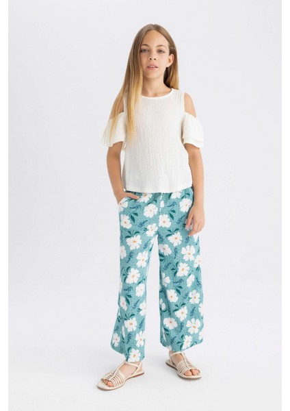 Kız Çocuk Wide Leg Geniş Bol Paça Çiçekli Beli Lastikli Bürümcük Pantolon C5373A824SM