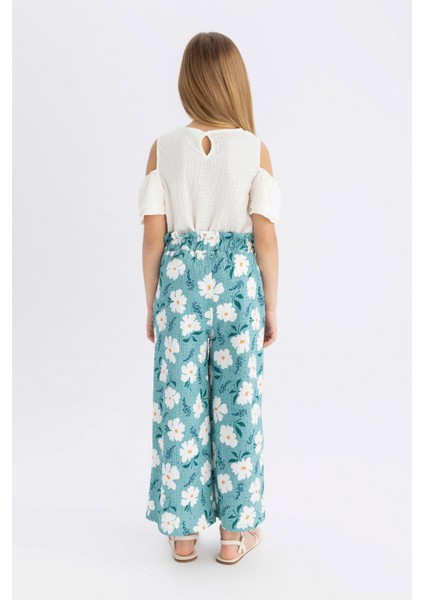 Kız Çocuk Wide Leg Geniş Bol Paça Çiçekli Beli Lastikli Bürümcük Pantolon C5373A824SM