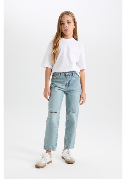 Kız Çocuk Okul Mom Fit Yırtık Detaylı Dar Paça Jean Pantolon D3524A824WN