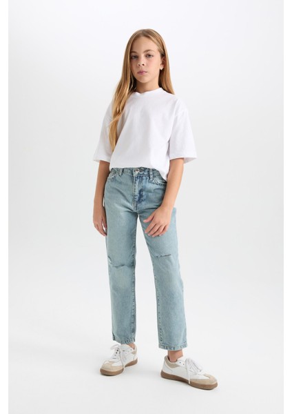 Kız Çocuk Okul Mom Fit Yırtık Detaylı Dar Paça Jean Pantolon D3524A824WN fiyatları