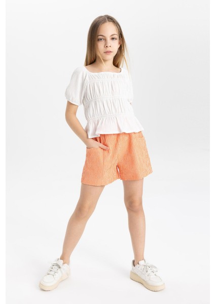 Kız Çocuk Kareli Paperbag Şort