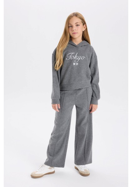 Kız Çocuk Antrasit Wide Leg Geniş Bol Paça Beli Lastikli Cepli Eşofman Altı D4640A824WN