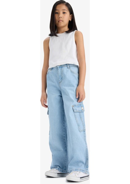 Kız Çocuk Wide Leg Kargo Geniş Paça Jean Pantolon E5879A825AU fırsatları