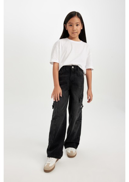 Kız Çocuk Wide Leg Kargo Cepli Geniş Bol Paça Antrasit Jean Pantolon D7177A824WN