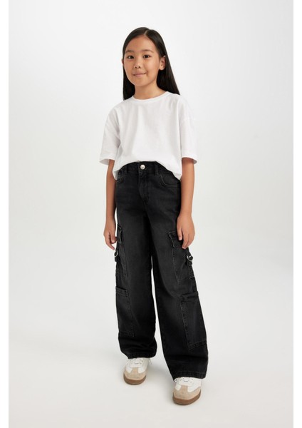 Kız Çocuk Wide Leg Kargo Cepli Geniş Bol Paça Antrasit Jean Pantolon D7177A824WN modelleri