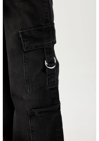 Kız Çocuk Wide Leg Kargo Cepli Geniş Bol Paça Antrasit Jean Pantolon D7177A824WN