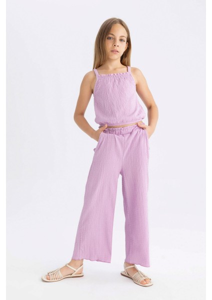 Kız Çocuk Wide Leg Geniş Bol Paça Beli Lastikli Bürümcük Pantolon C5372A824SM