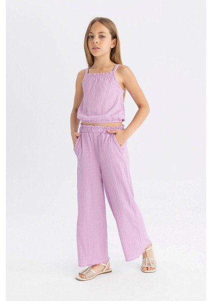 Kız Çocuk Wide Leg Geniş Bol Paça Beli Lastikli Bürümcük Pantolon C5372A824SM fiyatları