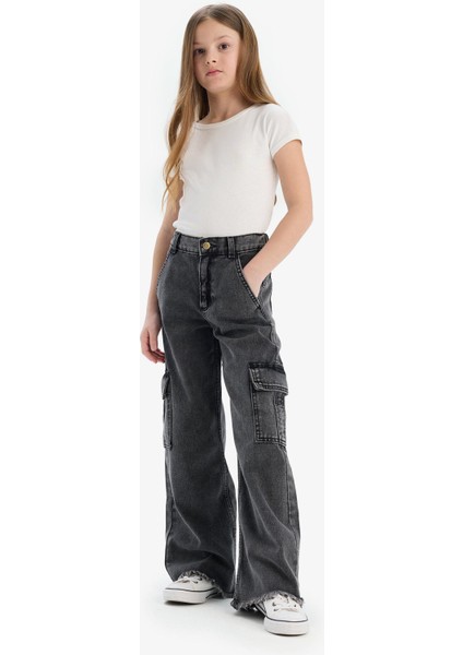 Kız Çocuk Wide Leg Kargo Geniş Bol Paça Pamuklu Jean Pantolon D7090A825SP fiyatları