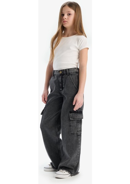 Kız Çocuk Wide Leg Kargo Geniş Bol Paça Pamuklu Jean Pantolon D7090A825SP modelleri