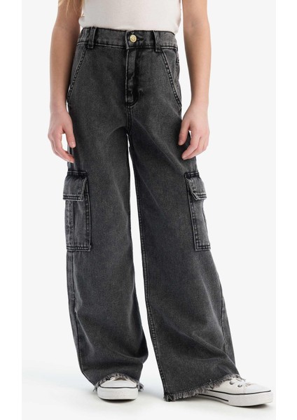Kız Çocuk Wide Leg Kargo Geniş Bol Paça Pamuklu Jean Pantolon D7090A825SP fırsatları