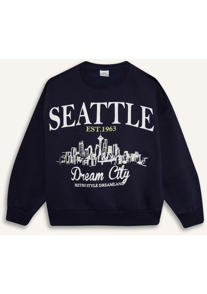 Kız Çocuk Relax Fit Bisiklet Yaka Baskılı Sweatshirt D4384A824WN
