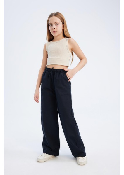 Kız Çocuk Beli Lastikli Wide Leg Geniş Bol Paça Pamuklu Pantolon D7611A825SM modelleri
