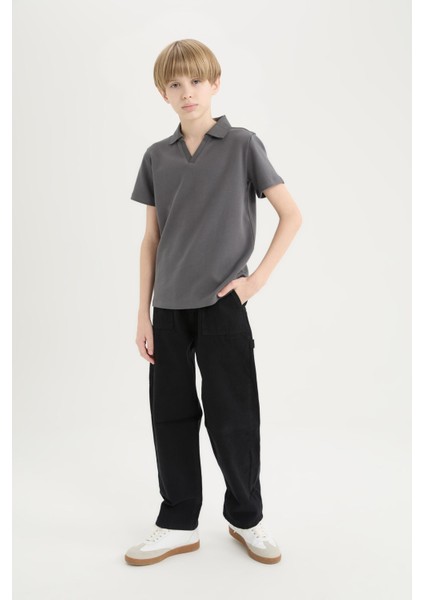 Erkek Çocuk Loose Fit Standart Paça Kargo Cepli Basic Düz Gabardin Siyah Pantolon