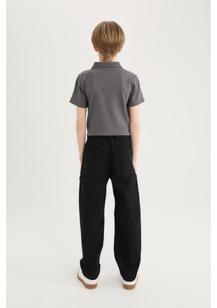 Erkek Çocuk Loose Fit Standart Paça Kargo Cepli Basic Düz Gabardin Siyah Pantolon