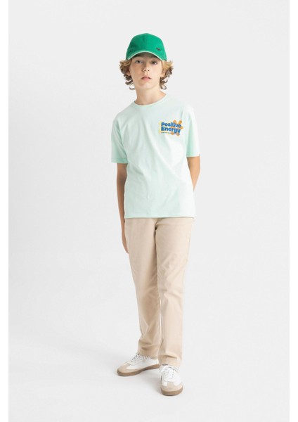 Erkek Çocuk Düz Paça Beli Lastikli Cepli Bej Basic Düz Gabardin Okul Pantolonu T8850A624AU