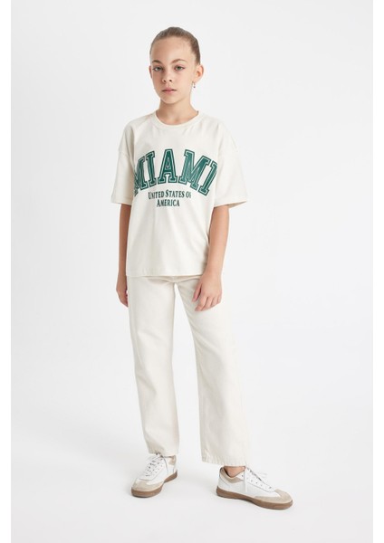 Kız Çocuk Straight Fit Geniş Bol Paça Cepli Pamuklu Bej Okul Pantolonu C9471A824AU fırsatları