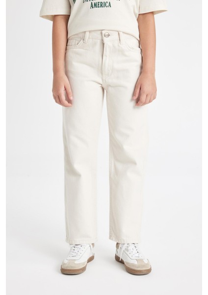 Kız Çocuk Straight Fit Geniş Bol Paça Cepli Pamuklu Bej Okul Pantolonu C9471A824AU