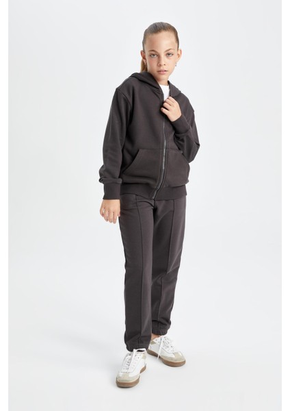 Kız Çocuk Antrasit Standart Fit Beli Paçası Lastikli Cepli Basic Düz Okul Jogger Eşofman Altı X9036A624AU