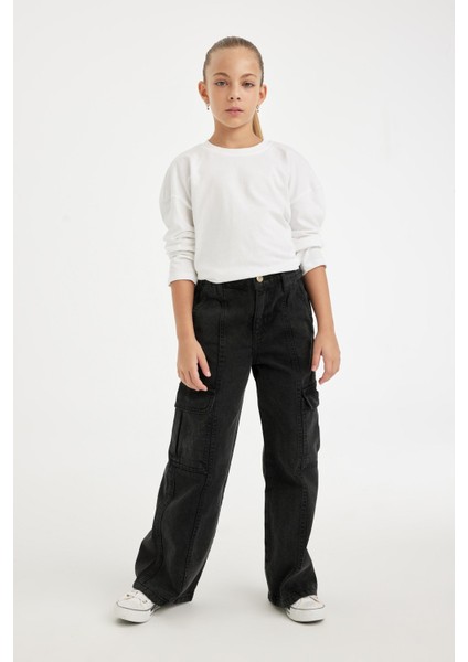 Kız Çocuk Wide Leg Kargo Cepli Geniş Bol Paça Antrasit Jean Pantolon D3383A824WN fırsatları
