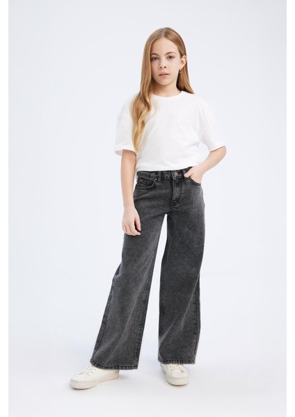 Kız Çocuk Wide Leg Geniş Bol Paça Pamuklu Jean Pantolon D7094A825SM modelleri