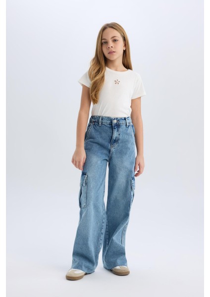 Kız Çocuk Wide Leg Kargo Geniş Bol Paça Pamuklu Jean Pantolon D7089a825sp modelleri